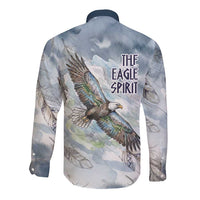 The Eagle Spirit Native American Long Sleeve Button Shirt Soaring Bald Eagle and Tribal Feathers Watercolor Sky - Wonder Print Shop