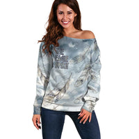 The Eagle Spirit Native American Off Shoulder Sweater Soaring Bald Eagle and Tribal Feathers Watercolor Sky - Wonder Print Shop
