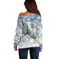 The Eagle Spirit Native American Off Shoulder Sweater Soaring Bald Eagle and Tribal Feathers Watercolor Sky - Wonder Print Shop
