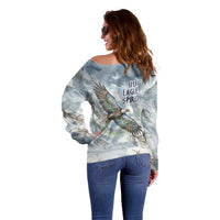 The Eagle Spirit Native American Off Shoulder Sweater Soaring Bald Eagle and Tribal Feathers Watercolor Sky - Wonder Print Shop