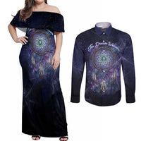 Dreamcatcher Native American Couples Matching Off Shoulder Maxi Dress and Long Sleeve Button Shirt Feathers and Starry Night Sky The Dream Weaver Theme - Wonder Print Shop
