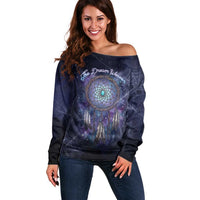 Dreamcatcher Native American Off Shoulder Sweater Feathers and Starry Night Sky The Dream Weaver Theme - Wonder Print Shop