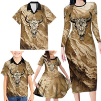 Buffalo Skull Native American Family Matching Long Sleeve Bodycon Dress and Hawaiian Shirt Tribal Symbols and Mountain Scene Great Herd and Plains Guardians - Wonder Print Shop