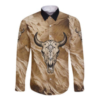Buffalo Skull Native American Long Sleeve Button Shirt Tribal Symbols and Mountain Scene Great Herd and Plains Guardians - Wonder Print Shop