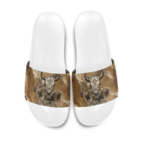 Buffalo Skull Native American Slide Sandals Tribal Symbols and Mountain Scene Great Herd and Plains Guardians - Wonder Print Shop