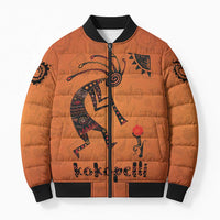 Kokopelli Tribal Bomber Puffer Jacket Native American Southwestern Petroglyph Patterns Sunset Landscape - Wonder Print Shop
