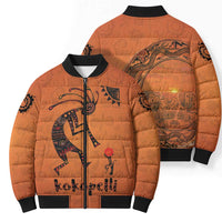Kokopelli Tribal Bomber Puffer Jacket Native American Southwestern Petroglyph Patterns Sunset Landscape - Wonder Print Shop