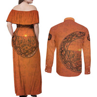 Kokopelli Tribal Couples Matching Off Shoulder Maxi Dress and Long Sleeve Button Shirt Native American Southwestern Petroglyph Patterns Sunset Landscape - Wonder Print Shop