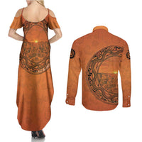 Kokopelli Tribal Couples Matching Summer Maxi Dress and Long Sleeve Button Shirt Native American Southwestern Petroglyph Patterns Sunset Landscape - Wonder Print Shop