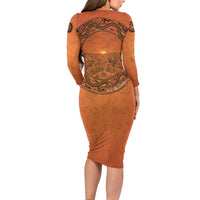 Kokopelli Tribal Long Sleeve Bodycon Dress Native American Southwestern Petroglyph Patterns Sunset Landscape - Wonder Print Shop