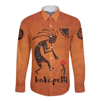 Kokopelli Tribal Long Sleeve Button Shirt Native American Southwestern Petroglyph Patterns Sunset Landscape - Wonder Print Shop