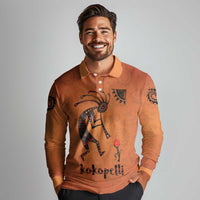 Kokopelli Tribal Long Sleeve Polo Shirt Native American Southwestern Petroglyph Patterns Sunset Landscape - Wonder Print Shop