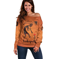 Kokopelli Tribal Off Shoulder Sweater Native American Southwestern Petroglyph Patterns Sunset Landscape - Wonder Print Shop