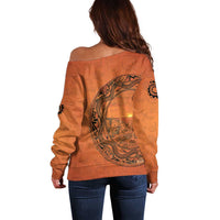Kokopelli Tribal Off Shoulder Sweater Native American Southwestern Petroglyph Patterns Sunset Landscape - Wonder Print Shop
