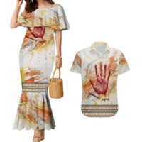 Native American Red Handprint Couples Matching Mermaid Dress and Hawaiian Shirt Watercolor Paint Splash and Brave Horse Art - Wonder Print Shop
