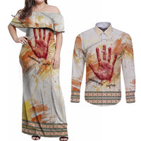 Native American Red Handprint Couples Matching Off Shoulder Maxi Dress and Long Sleeve Button Shirt Watercolor Paint Splash and Brave Horse Art - Wonder Print Shop