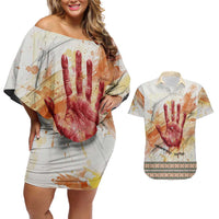 Native American Red Handprint Couples Matching Off Shoulder Short Dress and Hawaiian Shirt Watercolor Paint Splash and Brave Horse Art - Wonder Print Shop