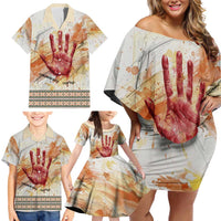 Native American Red Handprint Family Matching Off Shoulder Short Dress and Hawaiian Shirt Watercolor Paint Splash and Brave Horse Art - Wonder Print Shop