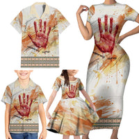 Native American Red Handprint Family Matching Short Sleeve Bodycon Dress and Hawaiian Shirt Watercolor Paint Splash and Brave Horse Art - Wonder Print Shop