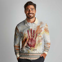 Native American Red Handprint Long Sleeve Polo Shirt Watercolor Paint Splash and Brave Horse Art - Wonder Print Shop