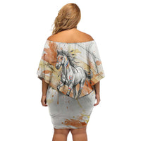 Native American Red Handprint Off Shoulder Short Dress Watercolor Paint Splash and Brave Horse Art - Wonder Print Shop
