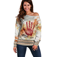Native American Red Handprint Off Shoulder Sweater Watercolor Paint Splash and Brave Horse Art - Wonder Print Shop