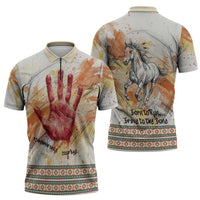 Native American Red Handprint Zipper Polo Shirt Watercolor Paint Splash and Brave Horse Art - Wonder Print Shop