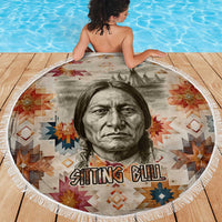 Sitting Bull Portrait Beach Blanket Native American Tipi with Feathers and Spears Indigenous Pride - Wonder Print Shop