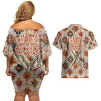 Sitting Bull Portrait Couples Matching Off Shoulder Short Dress and Hawaiian Shirt Native American Tipi with Feathers and Spears Indigenous Pride - Wonder Print Shop