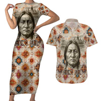 Sitting Bull Portrait Couples Matching Short Sleeve Bodycon Dress and Hawaiian Shirt Native American Tipi with Feathers and Spears Indigenous Pride - Wonder Print Shop