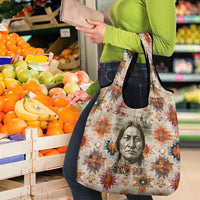Sitting Bull Portrait Grocery Bag Native American Tipi with Feathers and Spears Indigenous Pride - Wonder Print Shop