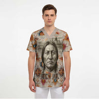 Sitting Bull Portrait Scrub Top Native American Tipi with Feathers and Spears Indigenous Pride - Wonder Print Shop