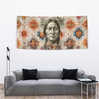 Sitting Bull Portrait Tapestry Native American Tipi with Feathers and Spears Indigenous Pride - Wonder Print Shop