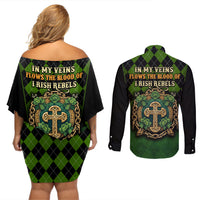 In My Veins Flows The Blood Of Irish Rebels Couples Matching Off Shoulder Short Dress and Long Sleeve Button Shirt - Wonder Print Shop