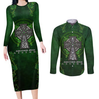 Irish Cross Mix With Shamrock Floral Couples Matching Long Sleeve Bodycon Dress and Long Sleeve Button Shirt - Wonder Print Shop