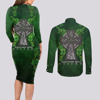 Irish Cross Mix With Shamrock Floral Couples Matching Long Sleeve Bodycon Dress and Long Sleeve Button Shirt - Wonder Print Shop