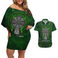 Irish Cross Mix With Shamrock Floral Couples Matching Off Shoulder Short Dress and Hawaiian Shirt - Wonder Print Shop