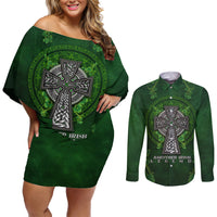 Irish Cross Mix With Shamrock Floral Couples Matching Off Shoulder Short Dress and Long Sleeve Button Shirt - Wonder Print Shop