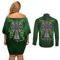 Irish Cross Mix With Shamrock Floral Couples Matching Off Shoulder Short Dress and Long Sleeve Button Shirt - Wonder Print Shop
