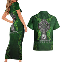 Irish Cross Mix With Shamrock Floral Couples Matching Short Sleeve Bodycon Dress and Hawaiian Shirt - Wonder Print Shop