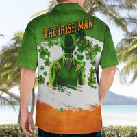 Men's green Hawaiian shirt with 'The Irish Man' back graphic and shamrock clovers.