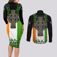 Irish Cross Mix With Shamrock Floral And Flag Couples Matching Long Sleeve Bodycon Dress and Long Sleeve Button Shirt - Wonder Print Shop