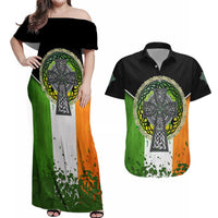 Irish Cross Mix With Shamrock Floral And Flag Couples Matching Off Shoulder Maxi Dress and Hawaiian Shirt - Wonder Print Shop