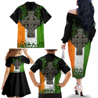 Irish Cross Mix With Shamrock Floral And Flag Family Matching Off Shoulder Long Sleeve Dress and Hawaiian Shirt - Wonder Print Shop