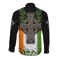 Irish Cross Mix With Shamrock Floral And Flag Long Sleeve Button Shirt - Wonder Print Shop