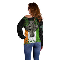 Irish Cross Mix With Shamrock Floral And Flag Off Shoulder Sweater - Wonder Print Shop