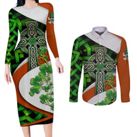 Patrick Day - Irish Cross - Lucky Girl Couples Matching Long Sleeve Bodycon Dress and Long Sleeve Button Shirt - Wonder Print Shop