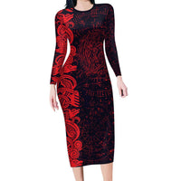 Norse Viking Dragon Long Sleeve Bodycon Dress Celtic Knotwork and Runic Mythology Art