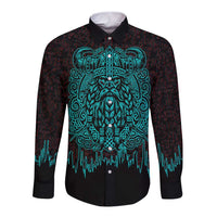 Viking Warrior Helm Long Sleeve Button Shirt Neon Tribal Linework and Runic Pattern Art