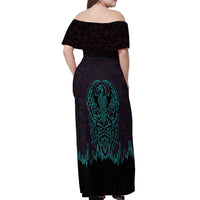 Viking Warrior Helm Off Shoulder Maxi Dress Neon Tribal Linework and Runic Pattern Art